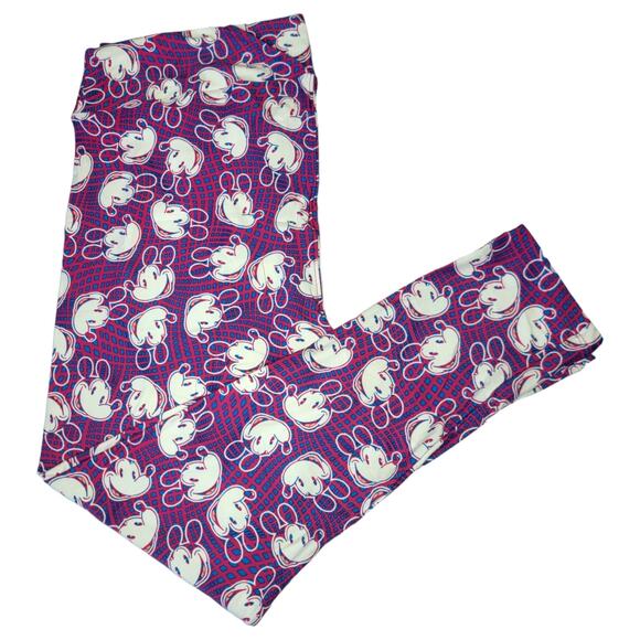 LuLaRoe Disney Leggings TC2 Mickey Mouse Purple Red Grid Plus Size Buttery Soft - Picture 1 of 9